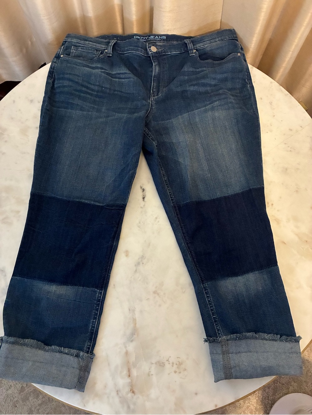 DKNY Avenue B Two-Tone Blue Cropped Patchwork Jeans Size 16